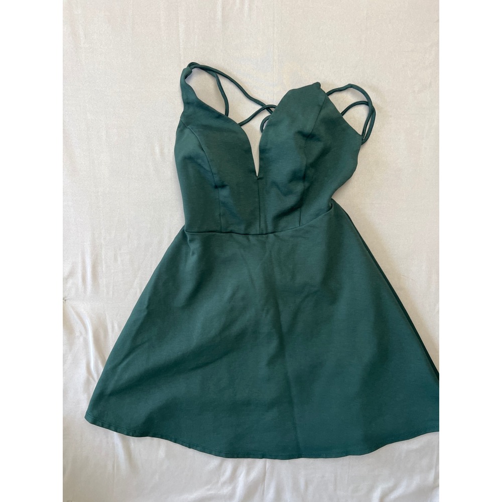 Lulus Hunter Green Strappy Back Plunging V-Neck Skater Dress Small